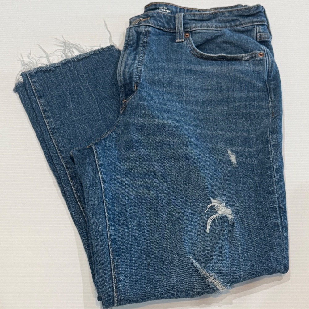 Old Navy OG Straight High Rise Distressed Raw Hem Jeans Blue Size 14